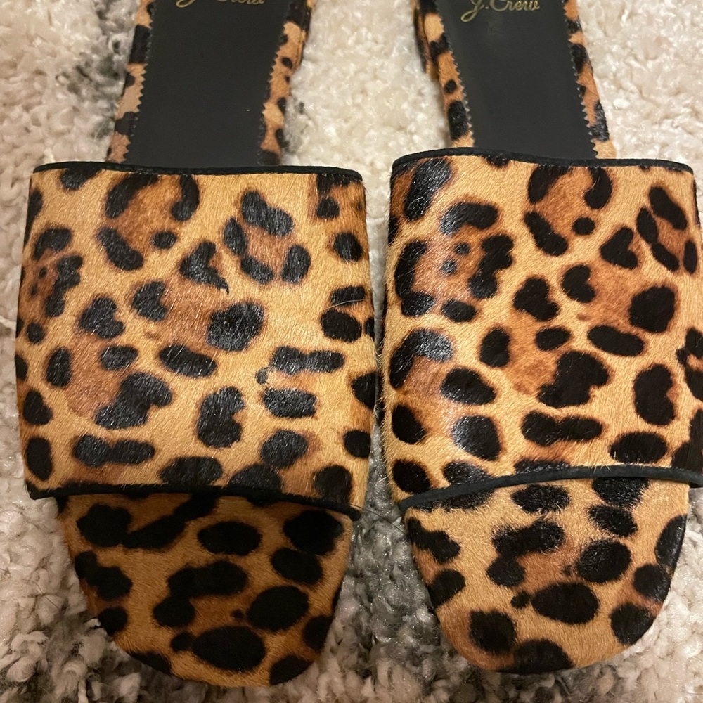 J Crew. Leopard print fur sandals.